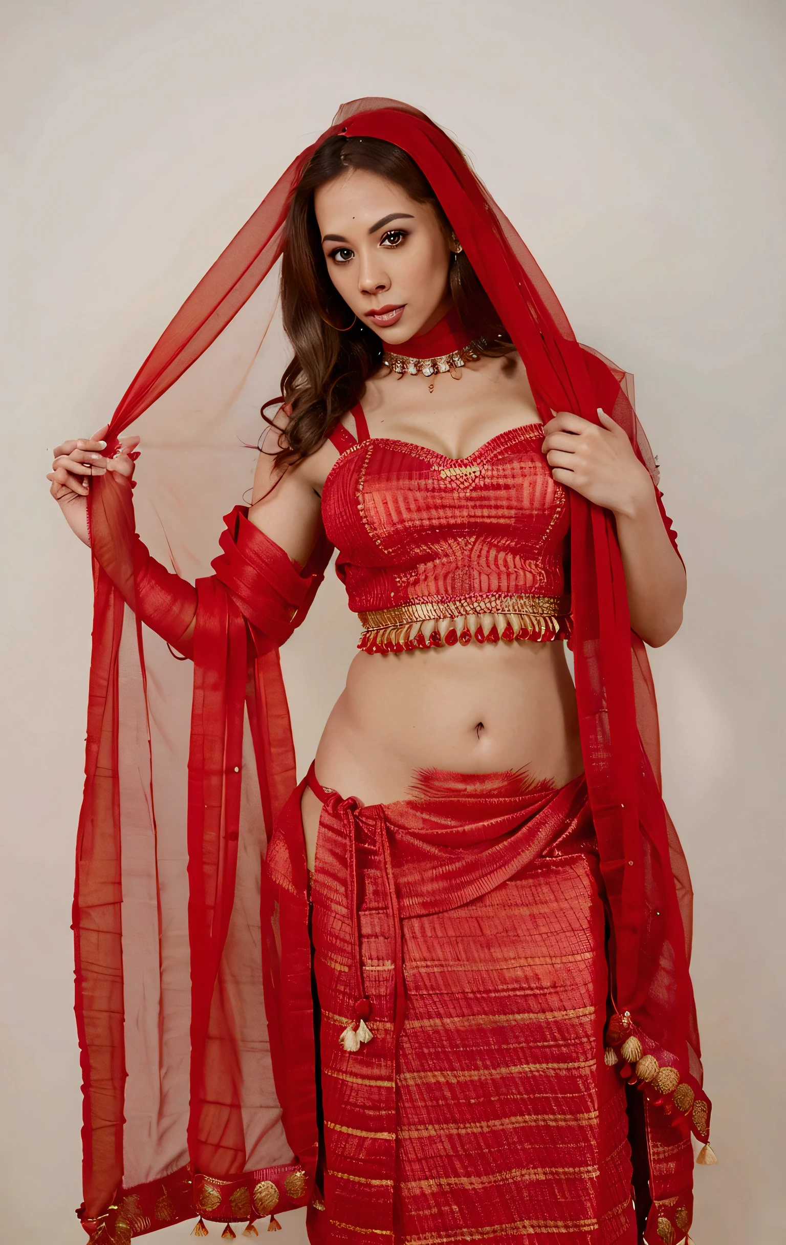 chanel preston in a red outfit and red scarf, very beautiful enga style, indian style, high quality theatre costume, indian dress, goddess, sari, modeling shoot, super model, traditional clothes, photo from a promo shoot, traditional beauty, navel, traditional dress, only red colour, red clothes, wearing red attire, full body shoot