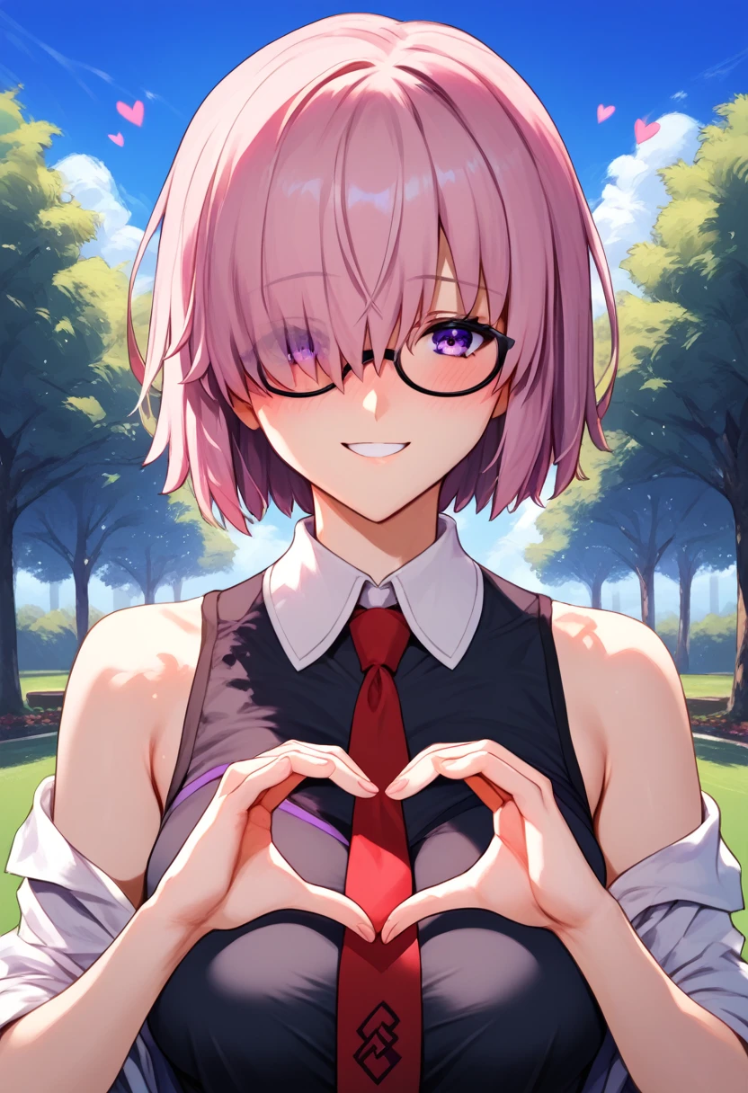 (masterpiece), (Best quality), (Very detailed), (high resolution), (8Khighres), (cel anime), (detailed beautiful face and eyes), (textile shading), (upper body), (Park), mash kyrielight, short hair, purple eyes, pink hair, hair over one eye, glasses, hood, shirt, collared shirt, white collar, black shirt, necktie, red necktie, sleeveless, off shoulder, beautiful breasts, smile, blush, heart hands,,