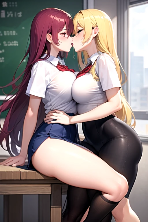 lesbian (very long loose yellow hair)(big breasts, large thighs)(with school uniform clothes it is very tight) that he is kissing and touching his parts at school with his girlfriend(that they are in a very sexy and compromising position with their girlfriend(big breasts, large thighs)lesbian love