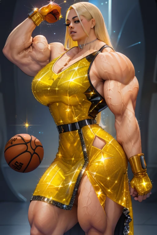 ((Close-up)), tall, (yellow hair) beautiful muscular woman, long flowing hair, brown skinned, closed smile, (black lipstick), (massive muscles), (hyper muscle), ((ginormous bulky muscles)), gray eyes, ((((long sparkly yellow Crystalline basketball jersey Dress adorned with machinery designs)))), (Crystalline fingerless gloves), choker, (Crystalline gauntlets) high heels, ((surrounded by machinery)), (on top a mystical skyscraper) 