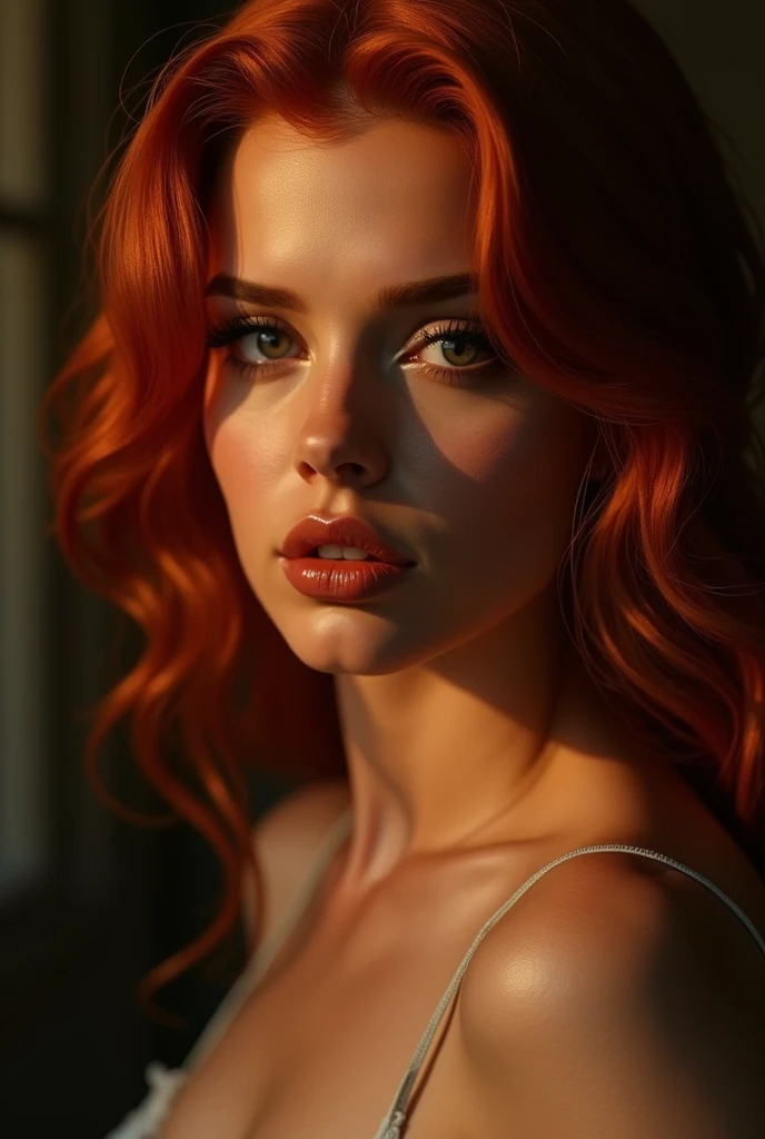 1 woman, beautiful detailed eyes, beautiful detailed lips, extremely detailed eyes and face, long eyelashes, sensual, erotic, redhead, voluptuous, intricate eyes, (best quality,4k,8k,highres,masterpiece:1.2),ultra-detailed,(realistic,photorealistic,photo-realistic:1.37),portrait,chiaroscuro lighting,dramatic lighting,vivid colors,cinematic,painterly