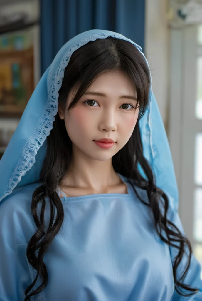 Mother of Jesus, with black hair and green eyes, light brown skin, wearing a light blue robe, and a sky blue veil, bringing a calm expression of peace (full body) near the window, illuminated by moonlight (magnificent and realistic)