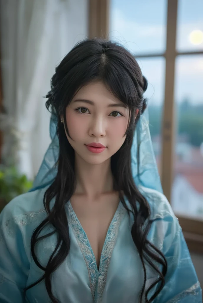 Mother of Jesus, with black hair and green eyes, light brown skin, wearing a light blue robe, and a sky blue veil, bringing a calm expression of peace (full body) near the window, illuminated by moonlight (magnificent and realistic)