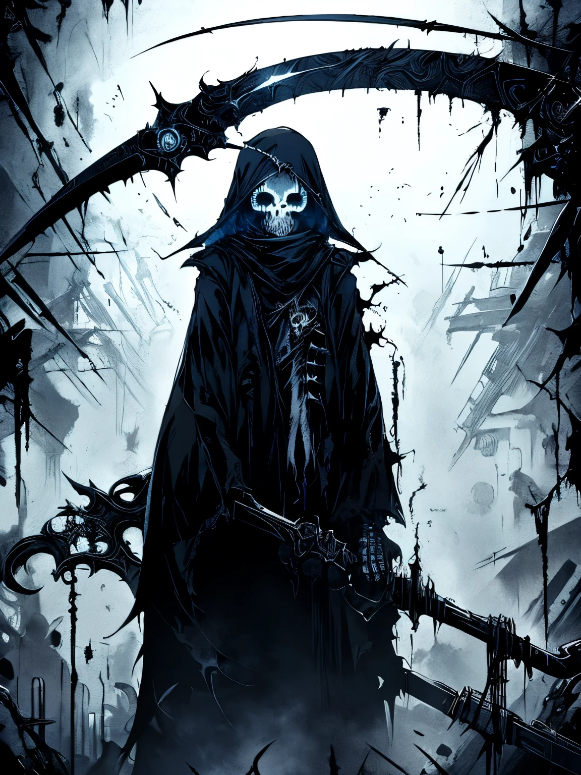 Cyberpunk style grim Reaper, Black and white graffiti illustration red blood spattered, Have a scythe , Glowing Eyes,