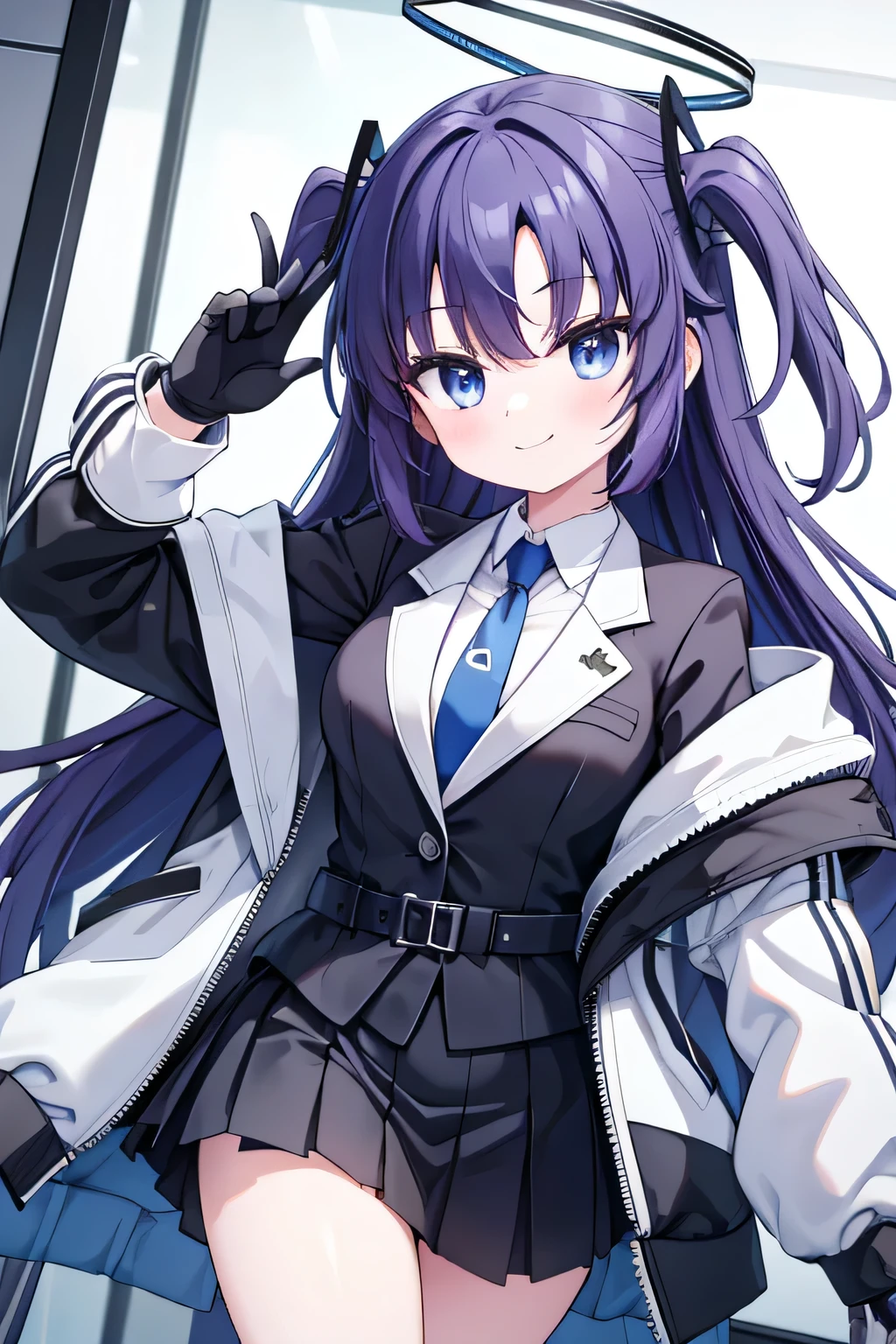 yuuka, blue eyes, halo, purple hair, two side up, long hair,
belt, black gloves, (black suit:1.5), black skirt, blue necktie, gloves, halo, jacket, necktie, off shoulder, skirt, two-sided fabric, two-sided jacket, white belt, (white jacket:1.5), inside office, smile, masterpiece