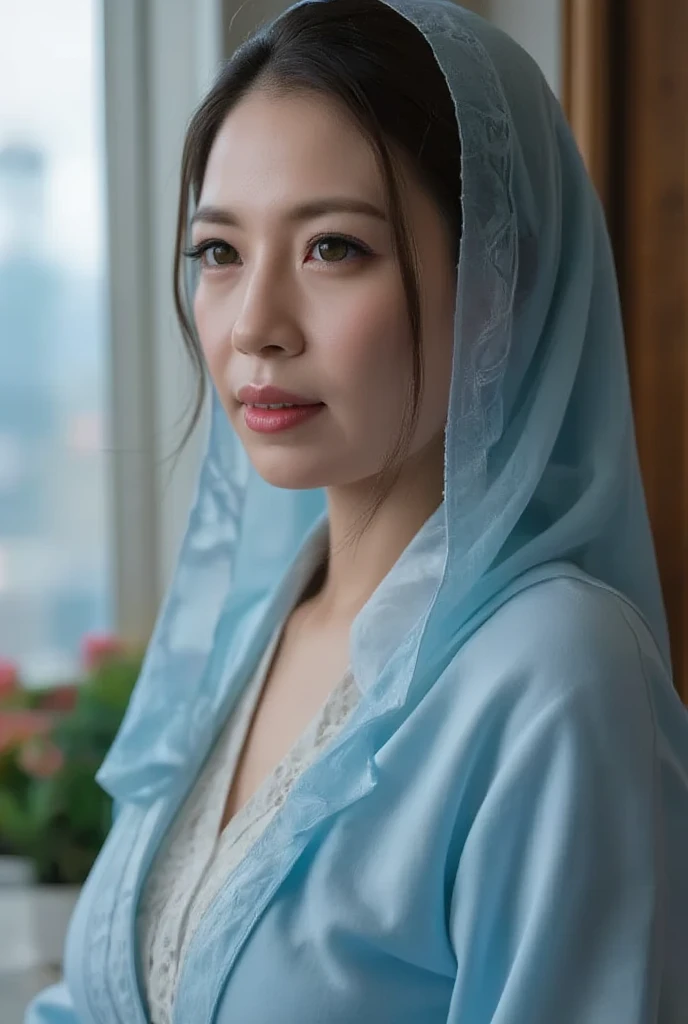 Mother of Jesus, with black hair and green eyes, light brown skin, wearing a light blue robe, and a sky blue veil, bringing a calm expression of peace (full body) near the window, illuminated by moonlight (magnificent and realistic)