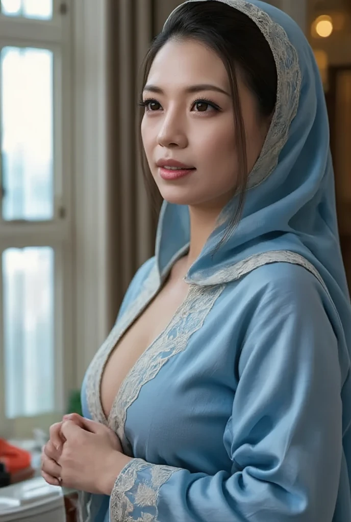 Mother of Jesus, with black hair and green eyes, light brown skin, wearing a light blue robe, and a sky blue veil, bringing a calm expression of peace (full body) near the window, illuminated by moonlight (magnificent and realistic)