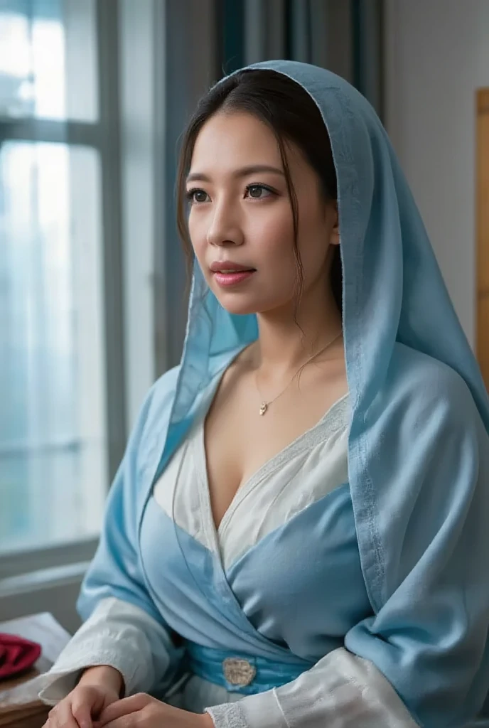 Mother of Jesus, with black hair and green eyes, light brown skin, wearing a light blue robe, and a sky blue veil, bringing a calm expression of peace (full body) near the window, illuminated by moonlight (magnificent and realistic)