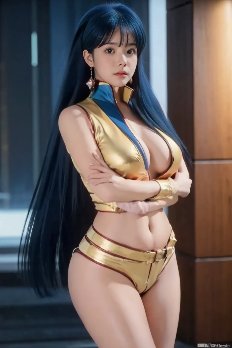 (Highest quality:1.2,High resolution, Very detailed), Dirty Pair Yuri, Asian Beauty, White skin, Wear tight clothes, Revealing clothes, Super big breasts, (Long Straight Hair), (Blue Hair), long and smooth hair, beauty, Cyberpunk City Background, Cleavage, Tight waist, Big Ass, Thigh Gap, (Golden uniform), Show me your belly, Golden long gloves, Very Low rise pants, Black piping, Under boob, Chubby body