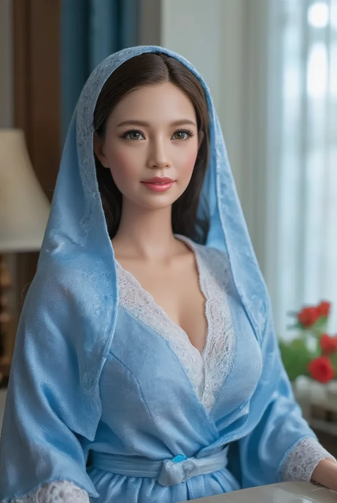 Mother of Jesus, with black hair and green eyes, light brown skin, wearing a light blue robe, and a sky blue veil, bringing a calm expression of peace (full body) near the window, illuminated by moonlight (magnificent and realistic)Barbie doll