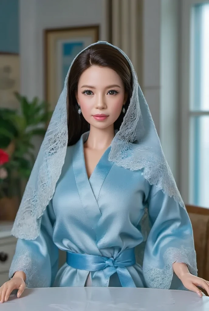 Mother of Jesus, with black hair and green eyes, light brown skin, wearing a light blue robe, and a sky blue veil, bringing a calm expression of peace (full body) near the window, illuminated by moonlight (magnificent and realistic)Barbie doll