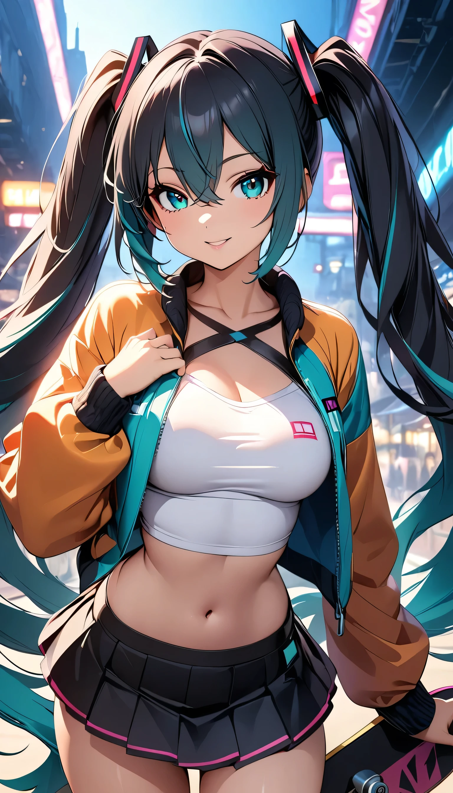 (anime artwork, anime style, studio anime, very detailed, up to date, vibrant, Anime Coloring, high contrast, masterpiece:1.2, best quality, best aesthetics),1 girl,cyber punk clothes, Medium chest, A glimpse of thighs,cyber punk hair, One eye is hidden by the bangs, perfect proportions, high detail skin, Cute, detailed faces,cyber punk cafe,sit, applying makeup, large breasts, cutout between underboob and shirt,very short pleated miniskirt,makeup, smart phone, 