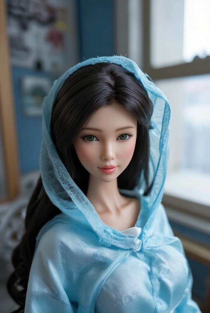 Mother of Jesus, with black hair and green eyes, light brown skin, wearing a light blue robe, and a sky blue veil, bringing a calm expression of peace (full body) near the window, illuminated by moonlight (magnificent and realistic)Barbie doll