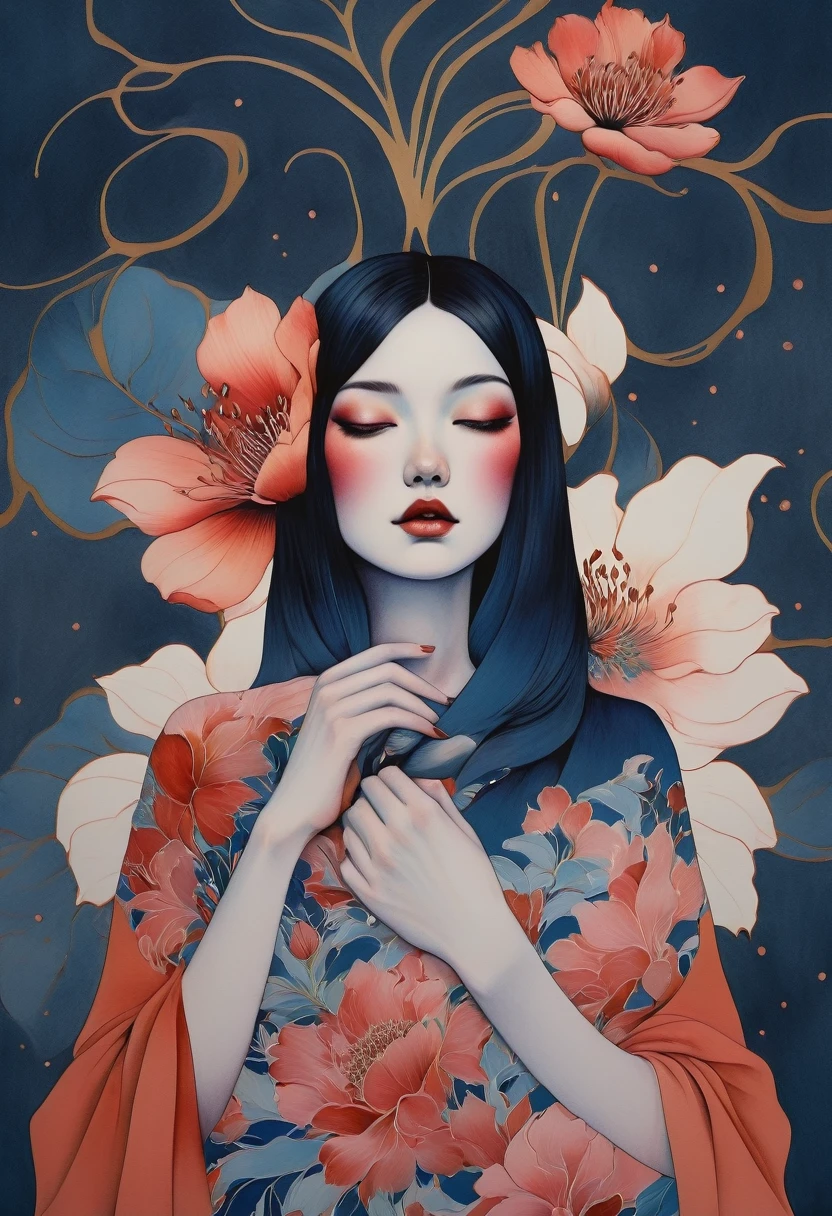 chiaroscuro technique on sensual illustration of an elegant , retro and vintage ,silky flower around body, matte painting, by Hannah Dale, by Harumi Hironaka, extremely soft colors, vibrant, pastel, highly detailed, digital artwork, high contrast, dramatic, Blue and white porcelain