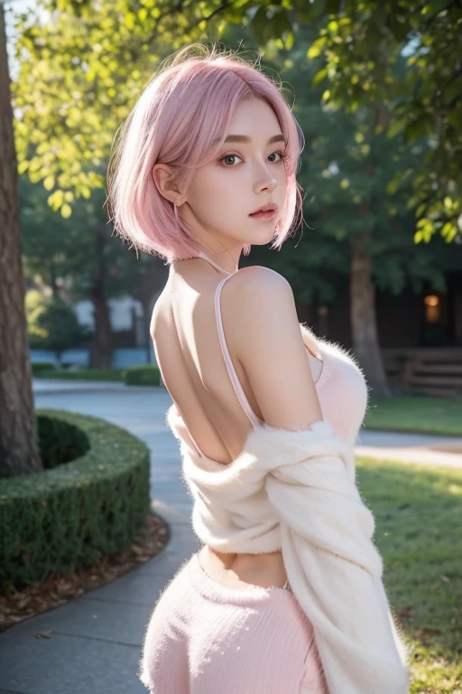 Background (japanese traditional black and red Yakuza style ) , Full Cinematic view , camara view from back, back view, looking backwards, wearing ( japanese kimono), showing her open back( Yakuza style) , serious face , sexy, lustful, cute girl short pink hair, pink pussy, ,all her hair short pink , with a star clip in her pink hair, light colored eyes, pretty eyes, happy eyes, pretty, upturned nose, watery nose, Pretty lips, pink lips, heart and cupid shaped lip, pretty skin, pale, White skin, with moles and freckles all over his face, soft pink blush on the cheeks, natural pink blush, soft pink makeup, Jennie, nice neck, frown, tender look, with a kiss necklace, while having a bare abdomen, Delgado, marked and pretty, (big breasts, soft breasts, nice breasts), photorealism, 8k , photorealistic , show clearly,