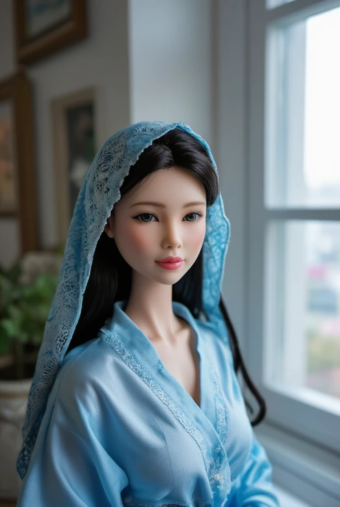 Mother of Jesus, with black hair and green eyes, light brown skin, wearing a light blue robe, and a sky blue veil, bringing a calm expression of peace (full body) near the window, illuminated by moonlight (magnificent and realistic)Barbie doll