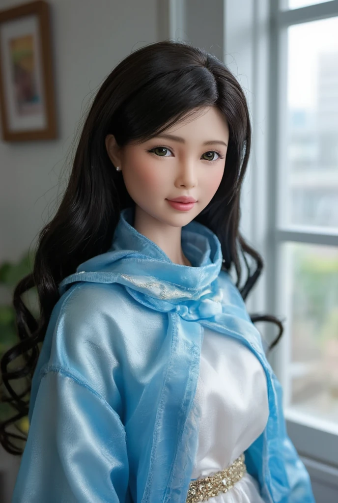 Mother of Jesus, with black hair and green eyes, light brown skin, wearing a light blue robe, and a sky blue veil, bringing a calm expression of peace (full body) near the window, illuminated by moonlight (magnificent and realistic)Barbie doll