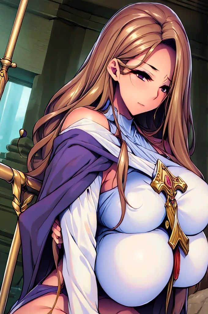 sexy woman, priestess, voluptuous, hourglass body, medieval fantasy, cathedral, dim light, praying, long curly hair, staff, white and gold clothes, detailed, sideboob