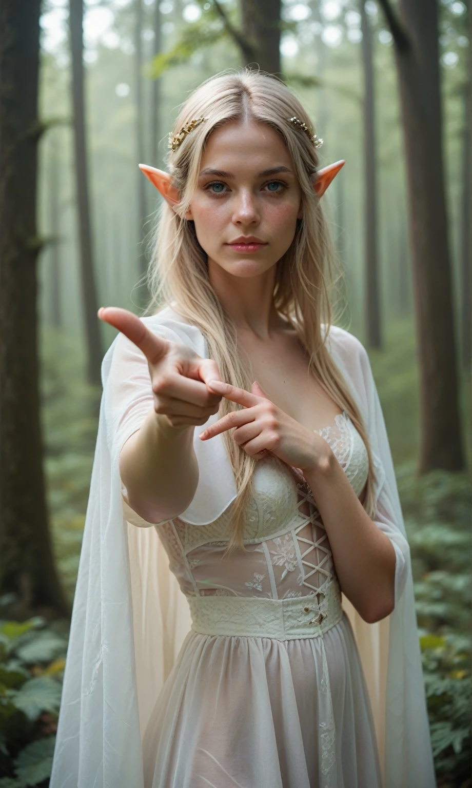 score_9, score_8_up, score_7_up, score_6_up, photo, elf girl, thin, pale skin, transparent white cape, fairytale forest, posing in an old tree, fantasy style, looking at viewer, pointing hand at viewer, depth of field, bokeh