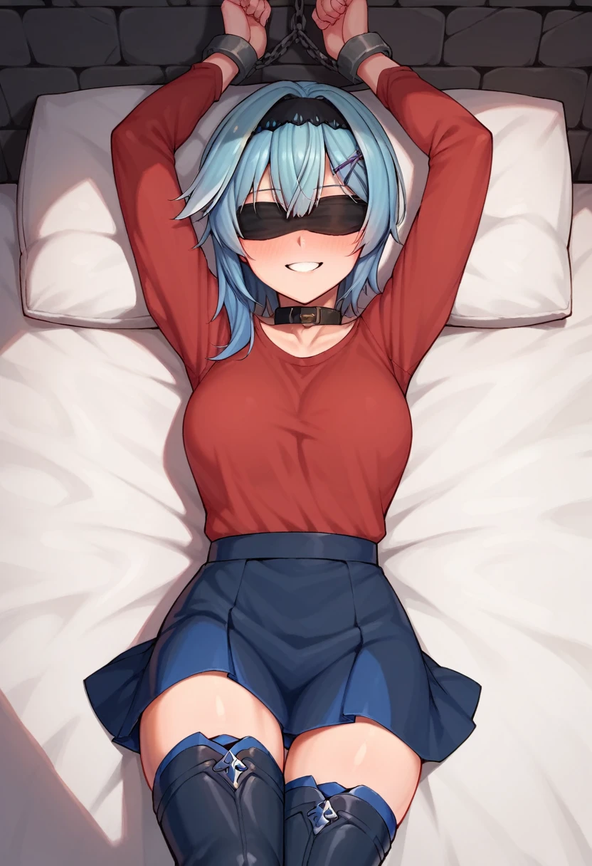 score_9, score_8_up, score_7_up, score_6_up, score_5_up, score_4_up, source_anime, 1woman, lora:eula2-000010:1>, euladef, smile, She's lying on the bed, upper body, blush, day, default hair, hairpins, blue hair, blindfold, chocker, red shirt, dark blue skirt, thigh high boots, w-w-chain, shackles, raised arms, she lying on the bed, windows, dungeon, best quality, best res, 4K UHD,
 