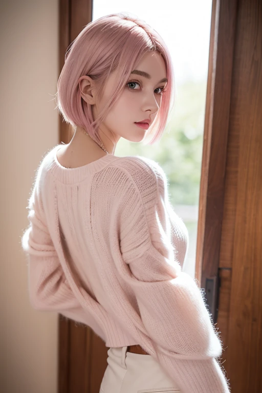 1girl in, age 20, Solo, short pink hair pixie cut, Colossal breasts, pink hair Bare shoulders, Full body, (extremely detailed 8k wallpaper), soft lighting, high quality, film grain, Fujifilm XT3 sharp focus, f 5.6, 50mm, High Detail, Sharp focus,(natural light), (seductive), touching her clothes, tight sweater dress, sitting on floor, tight beige outfit,, Realistic, A sexy