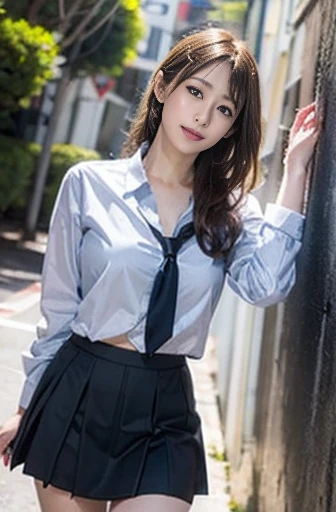 Asian woman in her 50s wearing a skirt and high heels leaning against a wall, High school girlのポーズ, かわいいHigh school girl, High school girlの格好をした, Knee socks and skirt, 日本のHigh school girl, 超写実的なHigh school girl, Wearing a skirt and knee-high socks, Young and slim gravure idol, Wearing a Japanese uniform, High school girl, A young and cute gravure idol