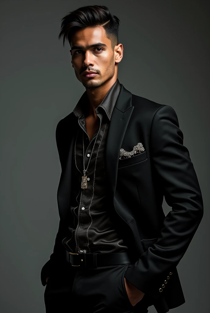 Real photo men&#39;s beauty fashion modern black clothing glamor luxury show haute couture latin man athletic sparkle stones 