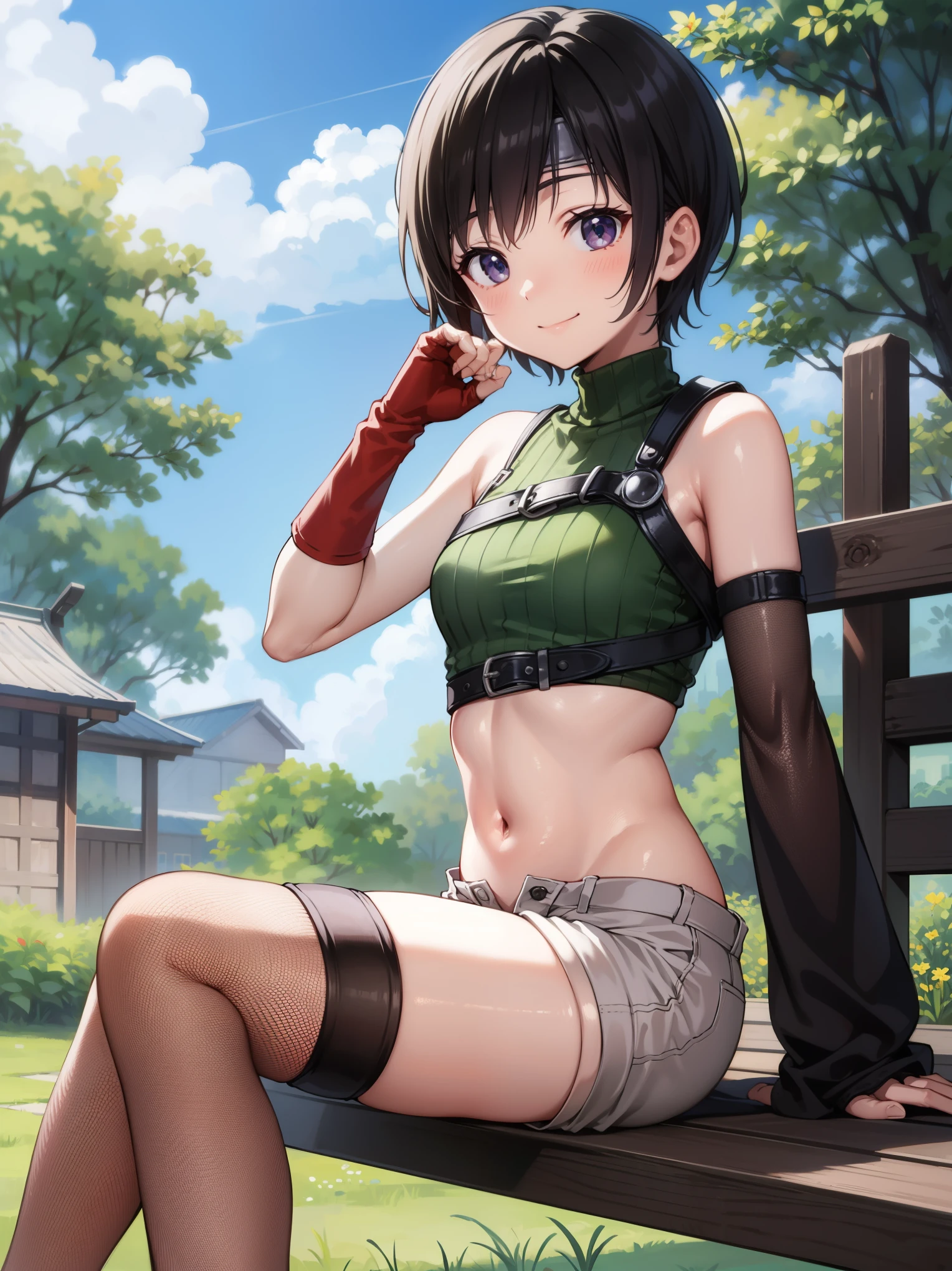 extremely detailed,
(Ellen 18-years-old, short dark layered hair, Brown-eyed, small breast:1.0), hair clips 
Fantasy green rogue outfit, alley, spread legs, groin 