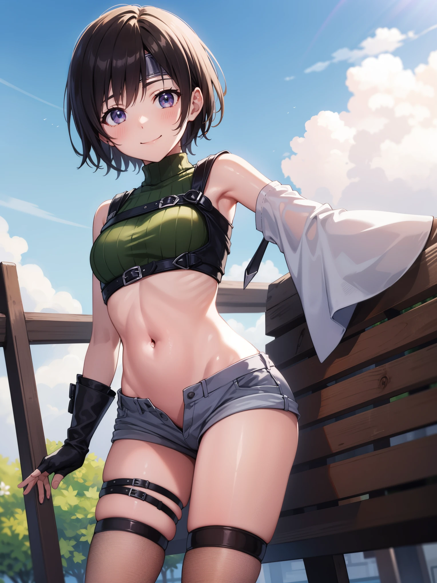 yuffiekisaragi, Yuffie Kisaragi,Haircuts, pixie cut,
crop top, fingerless gloves, fishnet Thighhighs, fishnet, forehead protector, gloves, head band, belly button, short shorts, shorts, single sleeve, single thigh high, No sleeve, No sleeve turtleneck, Thighhighs, turtleneck,
bench、blue sky、smile,solo,nihil,rise_knee, leaning_backwards