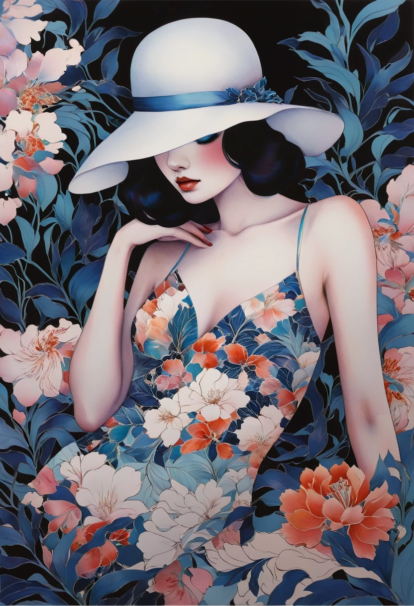 chiaroscuro technique on sensual illustration of an elegant , retro and vintage ,silky flower around body, matte painting, by Hannah Dale, by Harumi Hironaka, extremely soft colors, vibrant, pastel, highly detailed, digital artwork, high contrast, dramatic, Blue and white porcelain