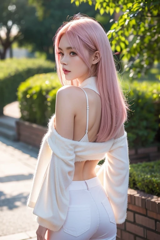 A adorable little girl standing, pale skin, smooth pale skin, skin tune pink, cute face, pink hair, ponytail hair, super detailed, 8k