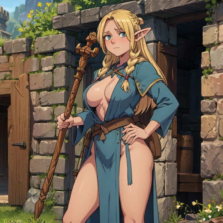 Marcille Donato in foreground,  very revealing outfit open at the bust, semi-realistic,  dungeon scene, adventurer girl, large breasts covered in cum, toned slimmer legs, standing in front of a stone wall, staff in right hand, looking forward at the viewer, with a determined expression, 
male dungeon dweller with face of pig, stone wall