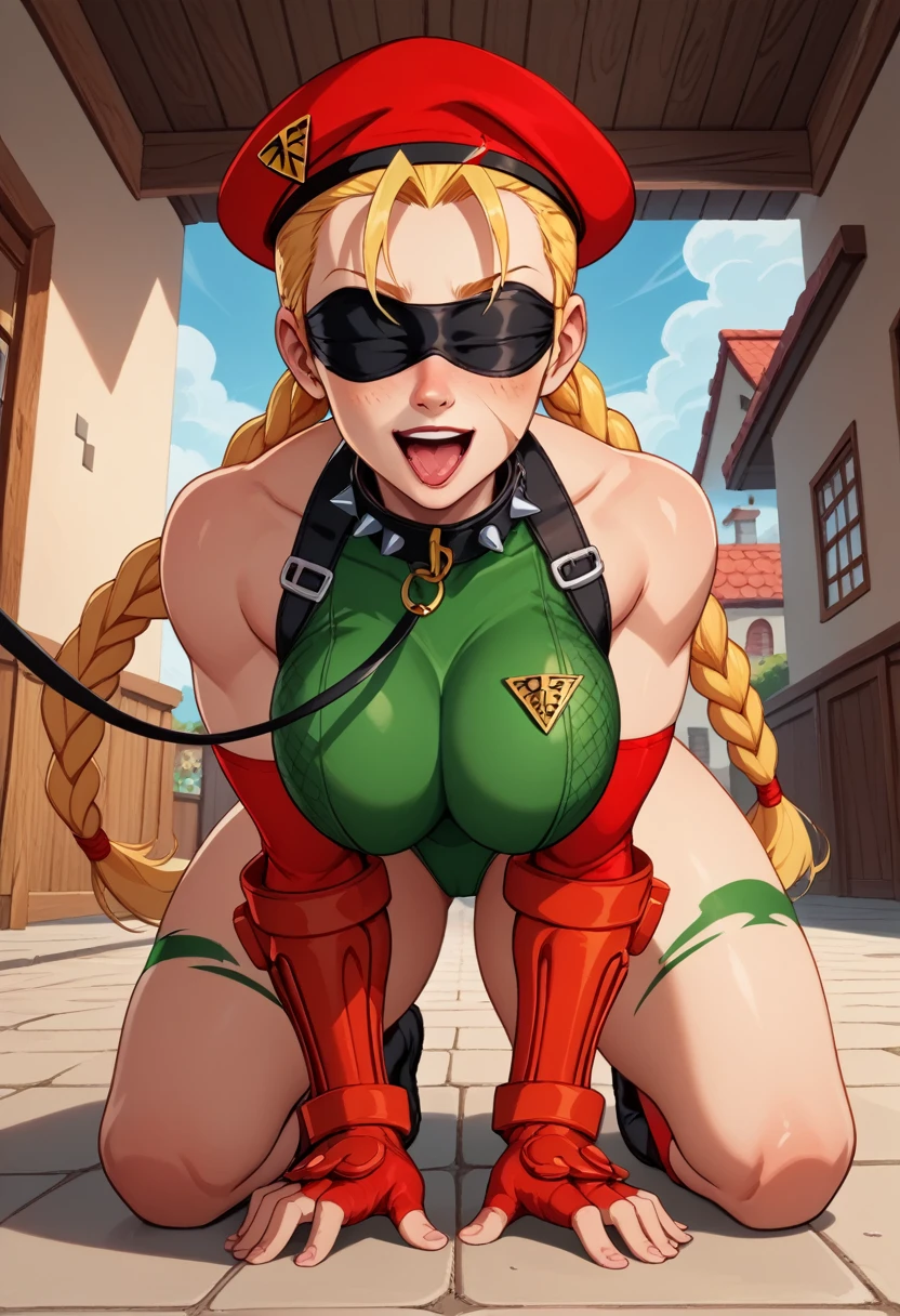 score_9, score_8_up, score_7_up, score_6_up, 1girl, CammyWhiteSFXL, (ultra HD quality details), (( scar on cheek, blonde hair, long hair, twin braids, antenna hair, camouflage, large breasts, green leotard, black harness, red gloves, fingerless gloves, black boots)), bedroomsettings, (cinematic lighting:1.2), below, hogtie bondage, black boots, bare thighs, (((string blindfold))), (((long leash, spiked animal collar))), (((hands on the ground, knee on the ground, crawling, on all fours, all fours))), petplay, fucked silly, vulgarity, sexual ecstasy smile, full face blush, smile broadly, evil smile, (open mouth, stick out tongue, tongue out, long tongue), gleaming skin, oil skin, shiny skin, ((((((animal collar connected leash, viewer holding long leash)))))), (((red beret))), perfect fingers, perfect hands, anime style, anime best girl, anime screencap, beautiful portrait of anime girls, super fine illustration, super detailed skin, ((bare shoulders)), bare neck, fair skin legs, masterpiece, best quality, ultra detailed, official art, production art, masterwork, by famous artist, 