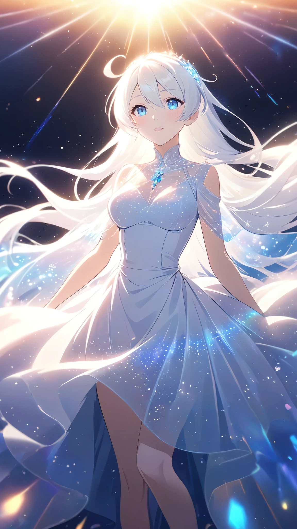 A beautiful young woman with long white hair falling gracefully from the sky, wearing a flowing white dress with a symmetrical, highly detailed face, surrounded by translucent multicolored glitters in a soft, dreamy, and dramatic lighting at golden hour, elegant and intricate,vivid color,sparkling,god rays,iridescence,threads of light,holy aura,clear blue starry eyes,((kiana kaslana)),mihoyo