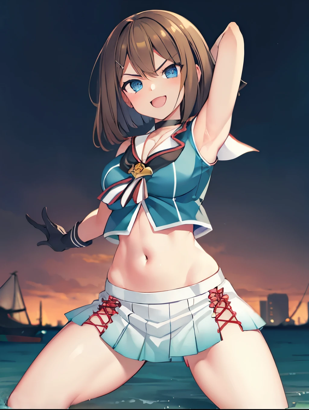 best quality, integrated scenery, integrated background, extremely delicate and beautiful, meticulous details, good composition, , cute face, perfect face, perfect hands,an anime style  ,1young_teen_ girl, , brown_hair, medium_bob_hair, blue_midriff_baring_sailor_uniform, mini_skirt, short_sleeve, thighs, gigantic_breasts, angry, smile,nihil,standing, harbor_background, slightly_spread_Legs, happiness, short_gloves,