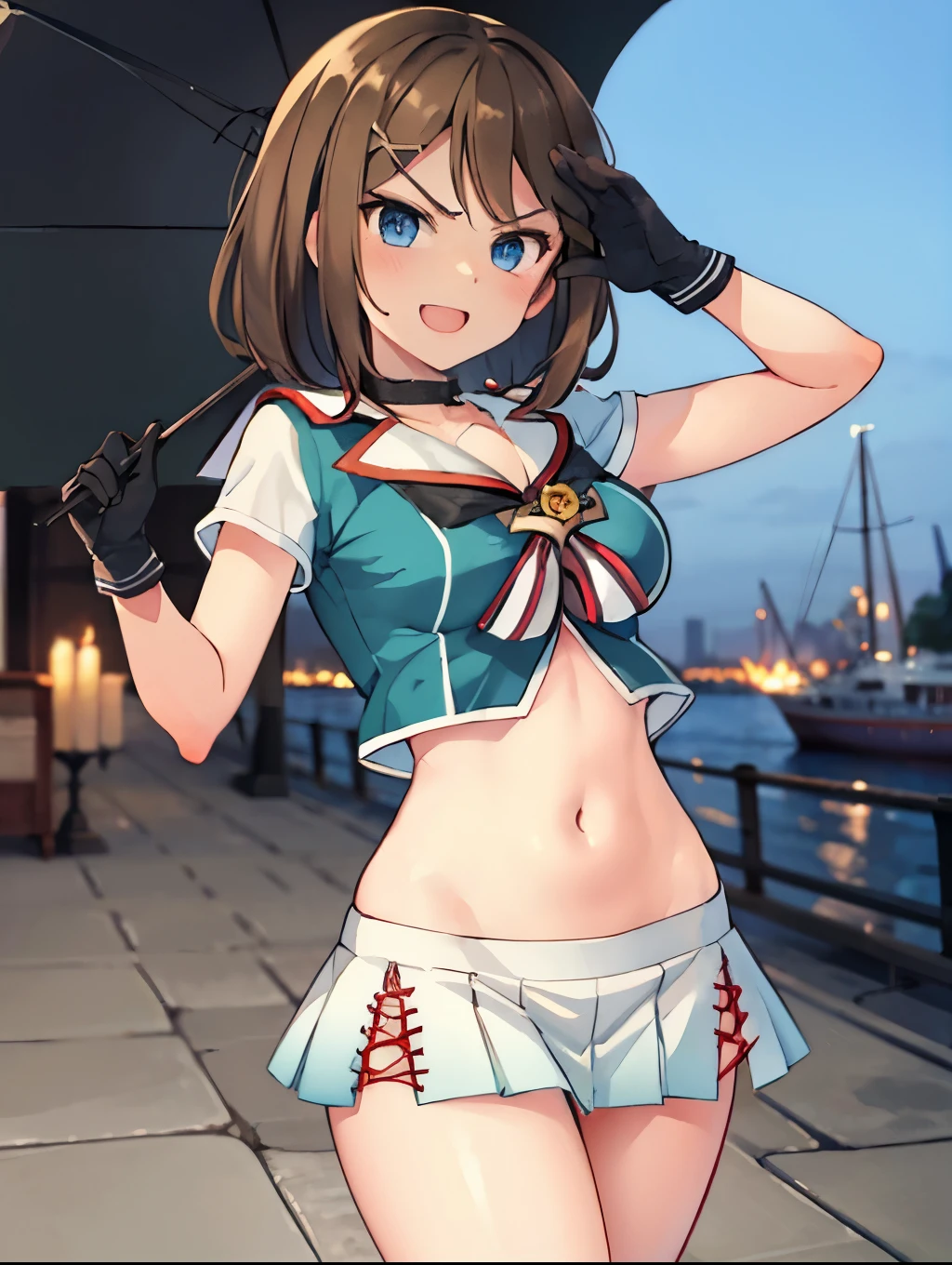 best quality, integrated scenery, integrated background, extremely delicate and beautiful, meticulous details, good composition, , cute face, perfect face, perfect hands,an anime style ,1young__ girl, , brown_hair, medium_bob_hair, blue_midriff_baring_sailor_uniform, mini_skirt, short_sleeve, thighs, gigantic_breasts, angry, smile,nihil,standing, harbor_background, slightly_spread_Legs, happiness, short_gloves,