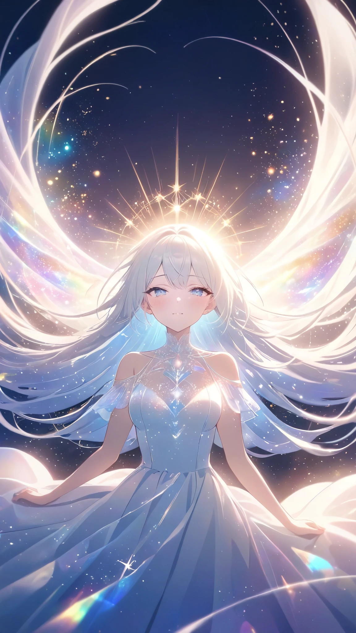 A beautiful young woman with long white hair falling gracefully from the sky, wearing a flowing white dress with a symmetrical, highly detailed face, surrounded by translucent multicolored glitters in a soft, dreamy, and dramatic lighting at golden hour, elegant and intricate,vivid color,sparkling,god rays,iridescence,threads of light,holy aura