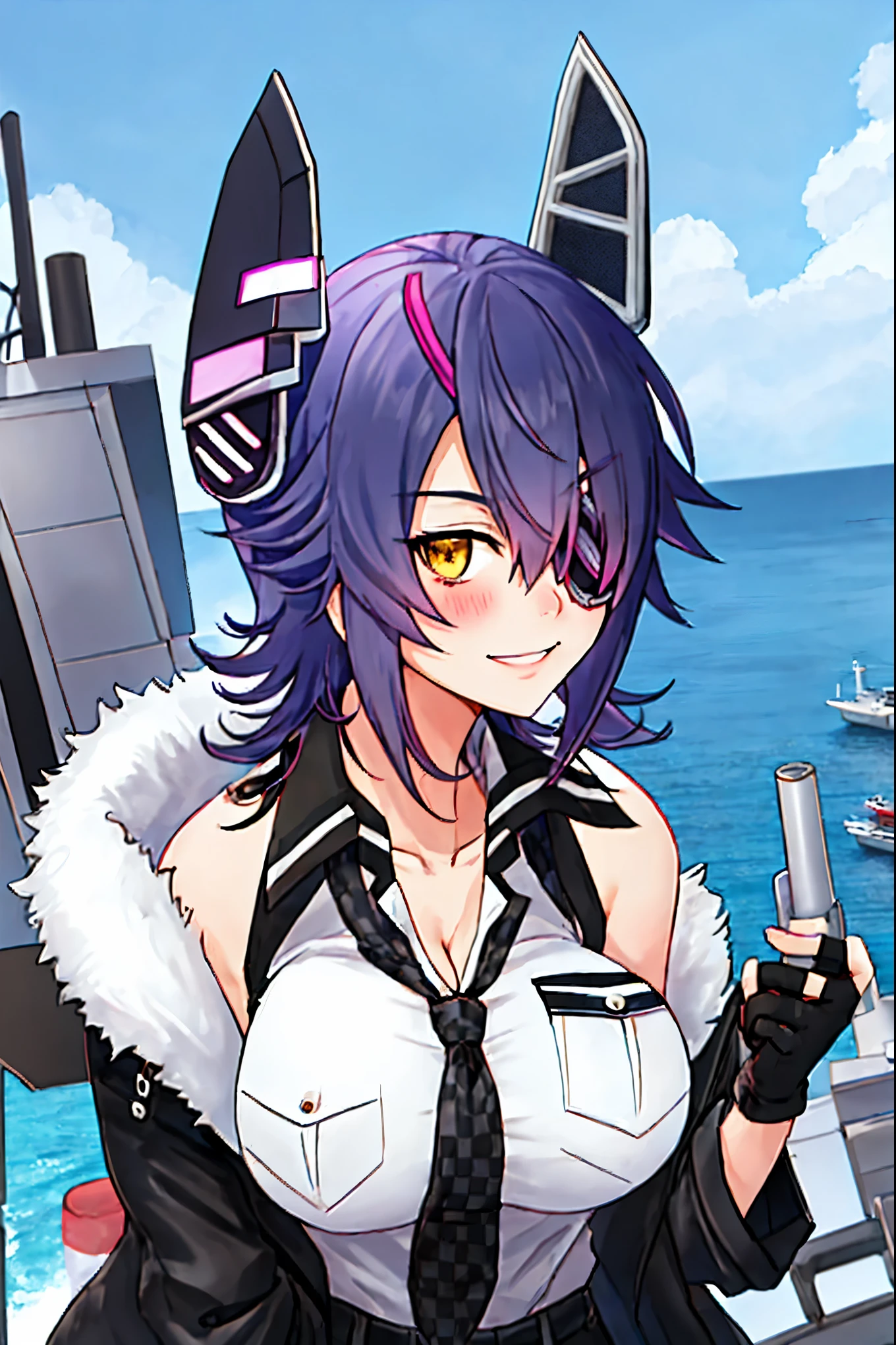 best quality, masterpiece, solo, {tenryuu_kantaicollection:1.}, teirl, eyepatch, short_hair, purple_hair, yellow_eyes, headgear, breasts, necktie, big_breasts, smile, 1girl, blush, checkered_necktie, hair_over_one_eye, shirt, portrait, white_shirt, jacket, sleeveless, fur-trimmed_jacket, fur_trim, collarbone, looking_at_viewer, pocket, breast_pocket, messy_hair, black_gloves, gloves, partially_fingerless_gloves,harbor_road_landscape_background,outdoor,nihl, cleavage,solo