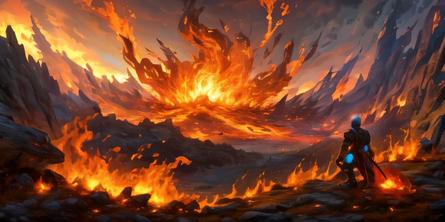 hires,high resolution, intricate, (detailed background), masterpiece, best quality, scenery, giant fire elemental, humanoid, burning, in the sky,