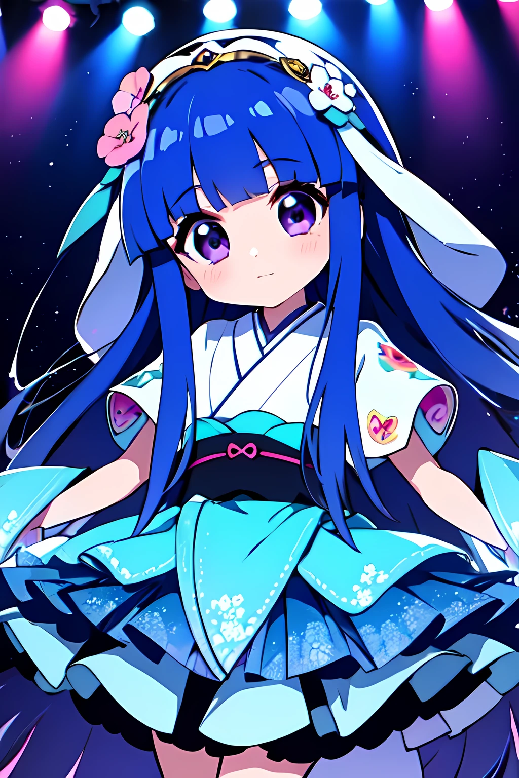 (Rika Furude), Blue Hair, Purple Eye, Long Hair, blunt bangs, bangs, , Chibi, woman, Alone, Japanese idol costumes, Idol Dress, concert、Concert Lighting