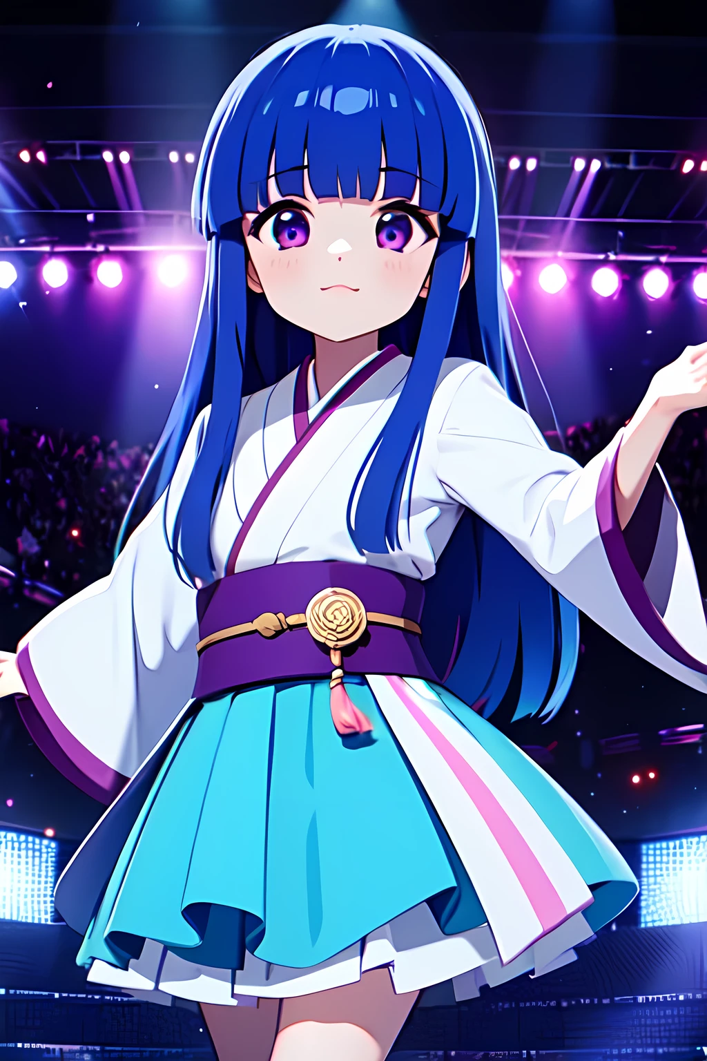 (Rika Furude), Blue Hair, Purple Eye, Long Hair, blunt bangs, bangs, , woman, Alone, Japanese idol costumes, Idol Dress, concert、Concert Lighting