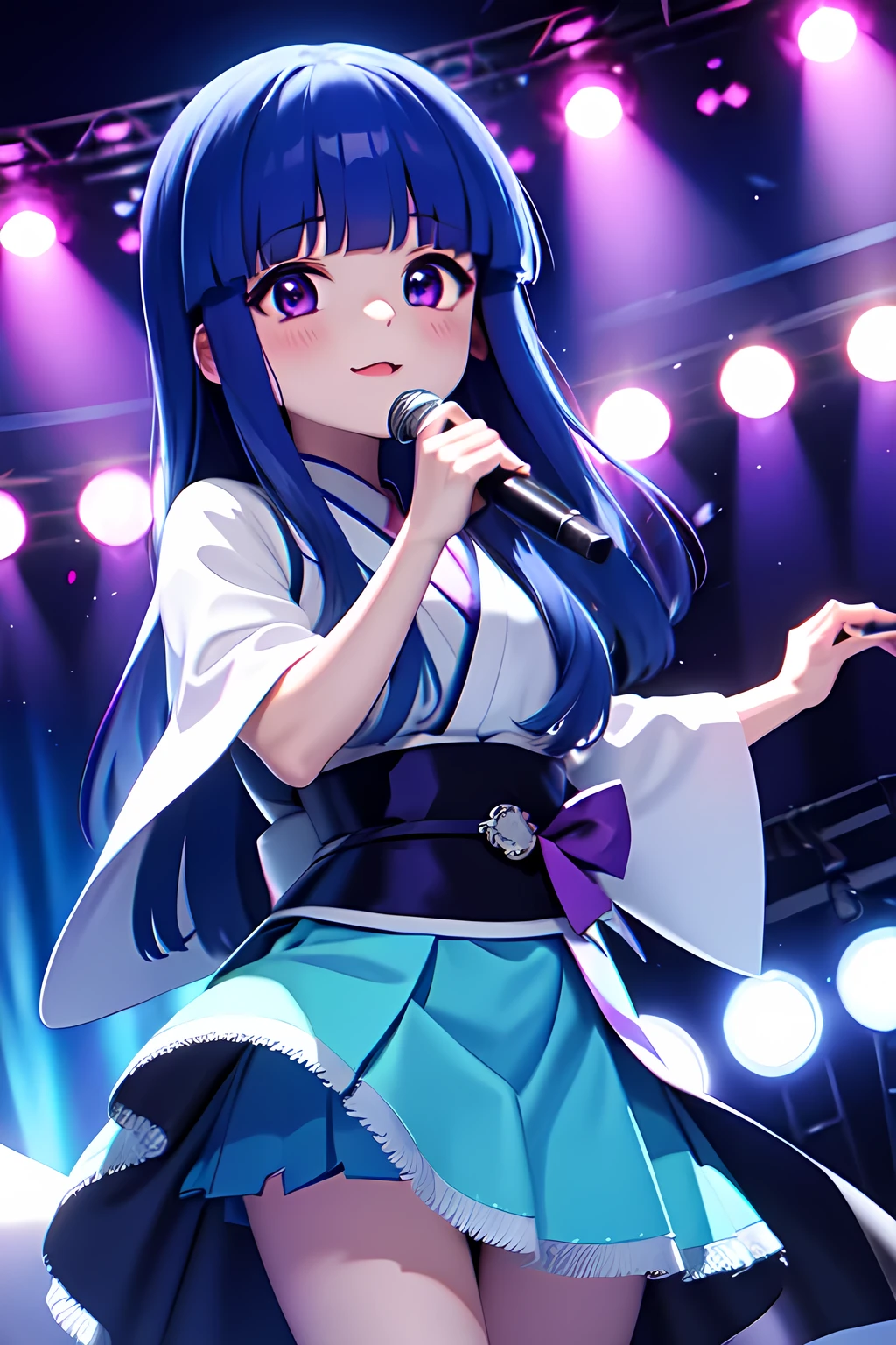 (Rika Furude), Blue Hair, Purple Eye, Long Hair, blunt bangs, bangs, , woman, Alone, Japanese idol costumes, Idol Dress, concert、Concert Lighting