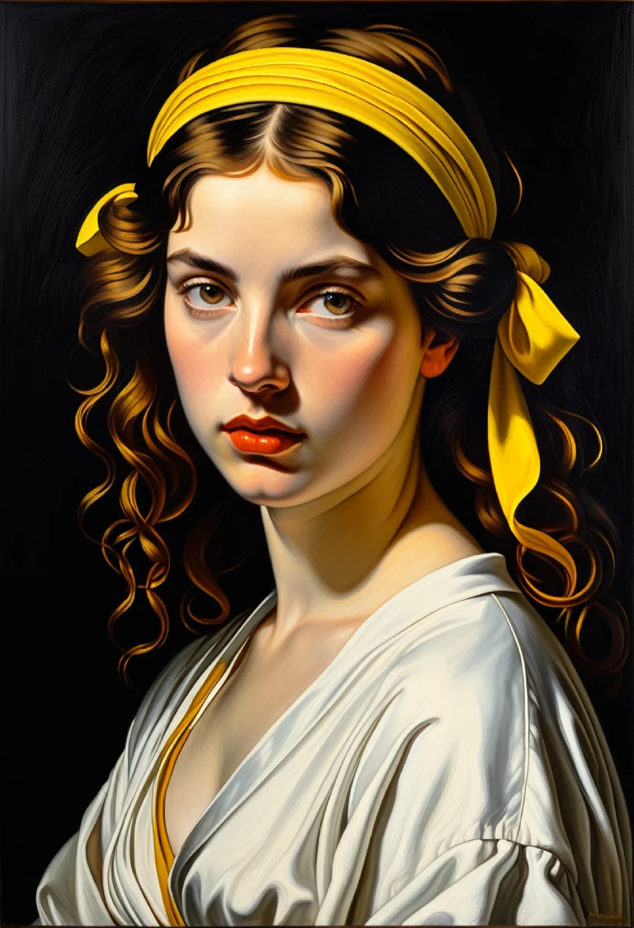 painting of a woman with a yellow headband and a white shirt, Gerard Van Honthorst, Inspired by Simon Vue, Caravaggio and Arthur, Made in the style of Caravaggio, inspired by Domenico Quaglio the Younger, inspired by Artemisia Gentileschi, portrait of megara, In the style of Caravaggio