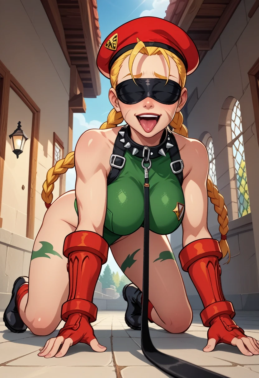 score_9, score_8_up, score_7_up, score_6_up, 1girl, CammyWhiteSFXL, (ultra HD quality details), (( scar on cheek, blonde hair, long hair, twin braids, antenna hair, camouflage, large breasts, green leotard, black harness, red gloves, fingerless gloves, black boots)), bedroomsettings, (cinematic lighting:1.2), below, hogtie bondage, black boots, bare thighs, (((string blindfold))), (((long leash, spiked animal collar))), (((hands on the ground, knee on the ground, crawling, on all fours, all fours))), petplay, fucked silly, vulgarity, sexual ecstasy smile, full face blush, smile broadly, evil smile, (open mouth, stick out tongue, tongue out, long tongue), gleaming skin, oil skin, shiny skin, ((((((animal collar connected leash, viewer holding long leash)))))), (((red beret))), perfect fingers, perfect hands, anime style, anime best girl, anime screencap, beautiful portrait of anime girls, super fine illustration, super detailed skin, ((bare shoulders)), bare neck, fair skin legs, masterpiece, best quality, ultra detailed, official art, production art, masterwork, by famous artist,