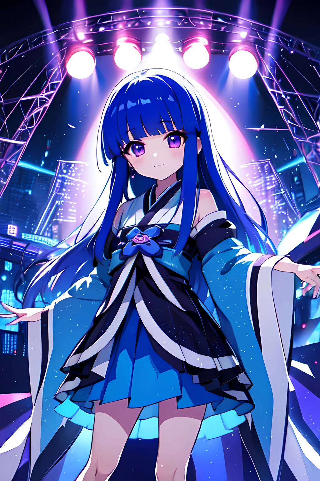 (Rika Furude), Blue Hair, Purple Eye, Long Hair, blunt bangs, bangs, , Chibi, woman, Alone, Japanese idol costumes, Idol Dress, concert、Concert Lighting