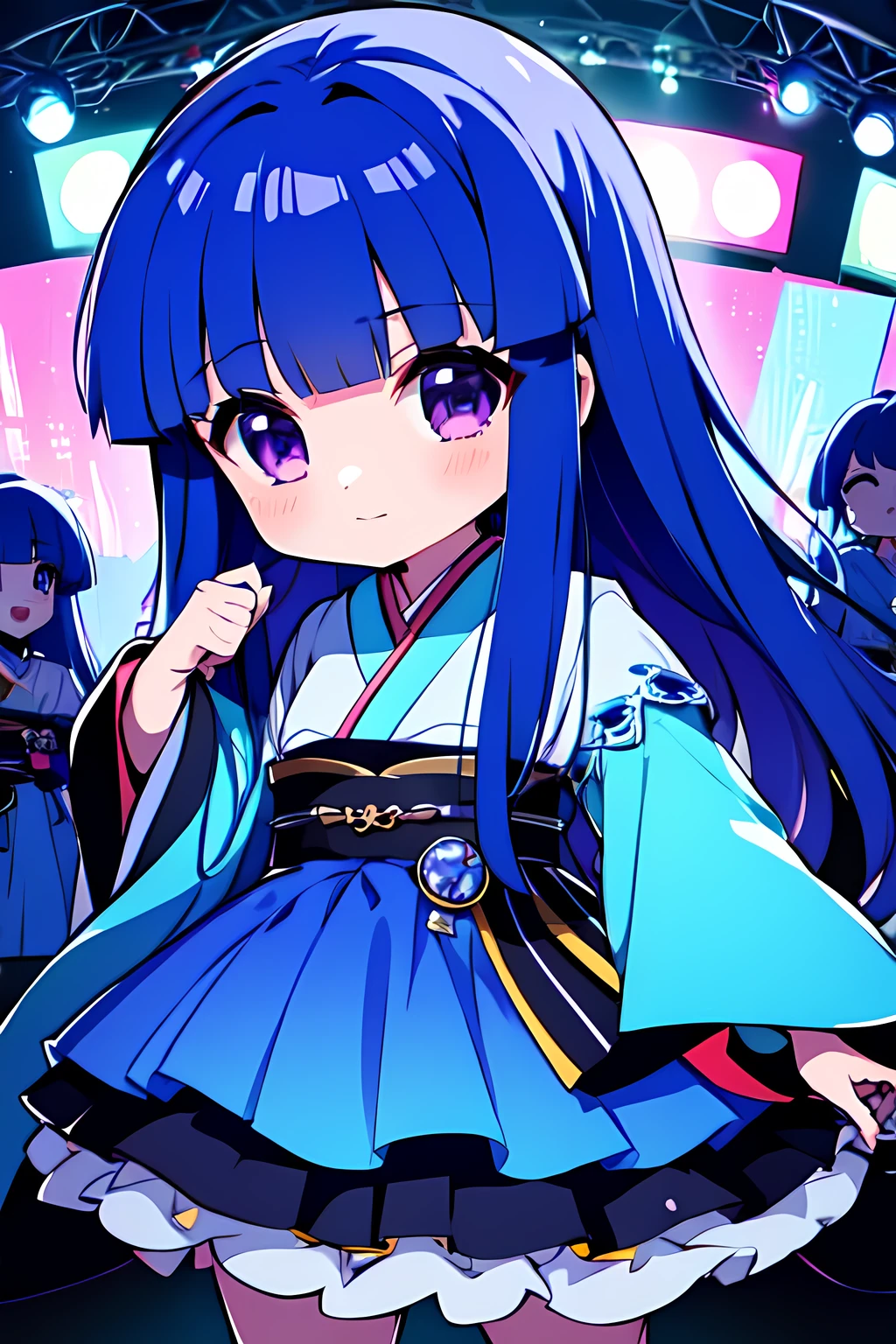 (Rika Furude), Blue Hair, Purple Eye, Long Hair, blunt bangs, bangs, , Chibi, woman, Alone, Japanese idol costumes, Idol Dress, concert、Concert Lighting