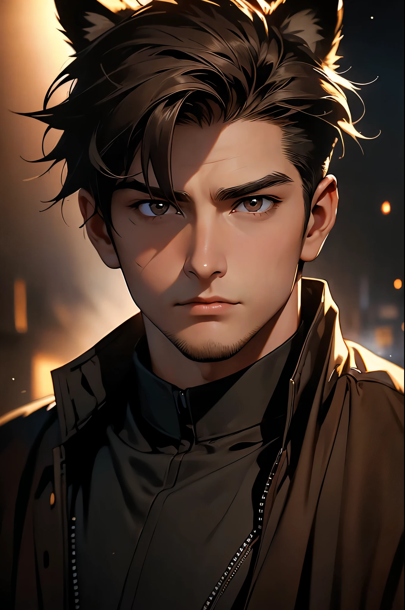 ((masterpiece)), envision a 8k, highres, cinematic, semi realistic, detailed, close up portrait of a sharp man, slender body, brown hair, mean face, black eyes, raccoon ears, animal ears, trench coat, jumpsuit, tactical gear, (((1boy))), in dark lighting, against a dark background