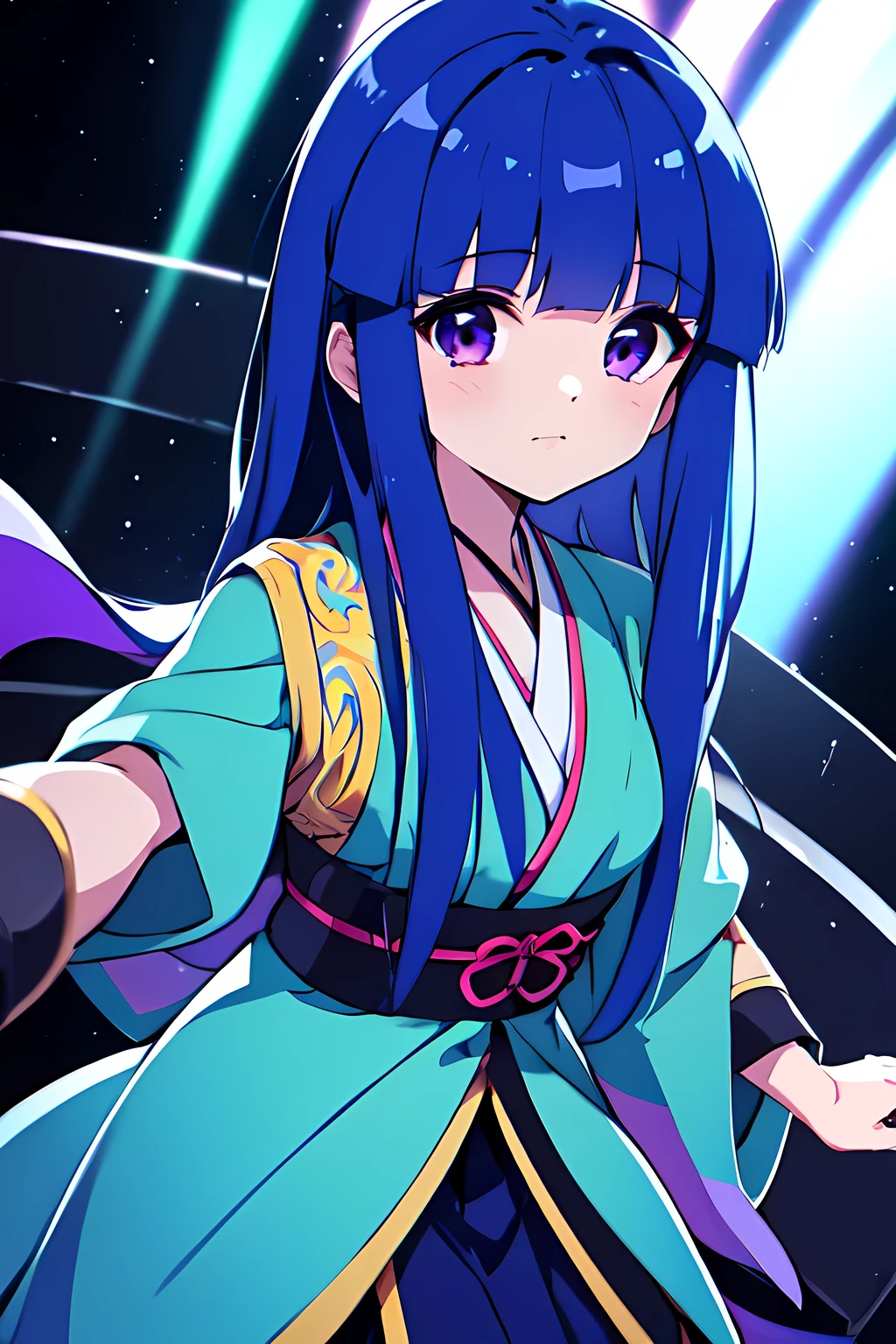 (Rika Furude), Blue Hair, Purple Eye, Long Hair, blunt bangs, bangs, Childhood, woman, Alone, Japanese idol costumes, Idol Dress, concert、Concert Lighting