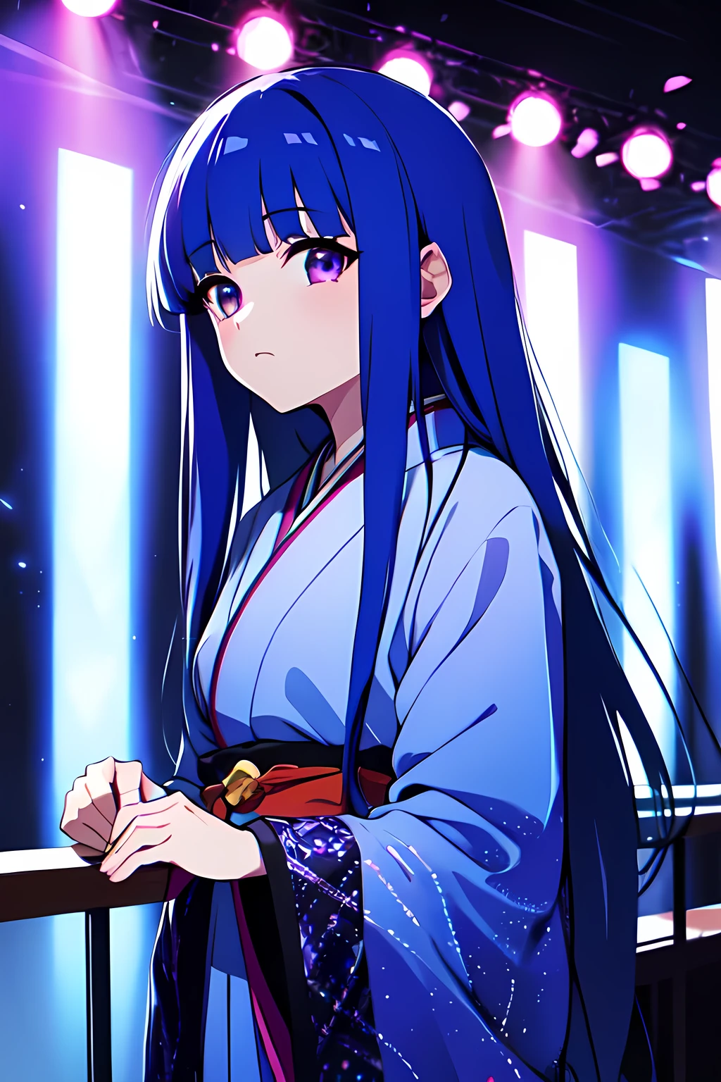 (Rika Furude), Blue Hair, Purple Eye, Long Hair, blunt bangs, bangs, Childhood, woman, Alone, Japanese idol costumes, Idol Dress, concert、Concert Lighting