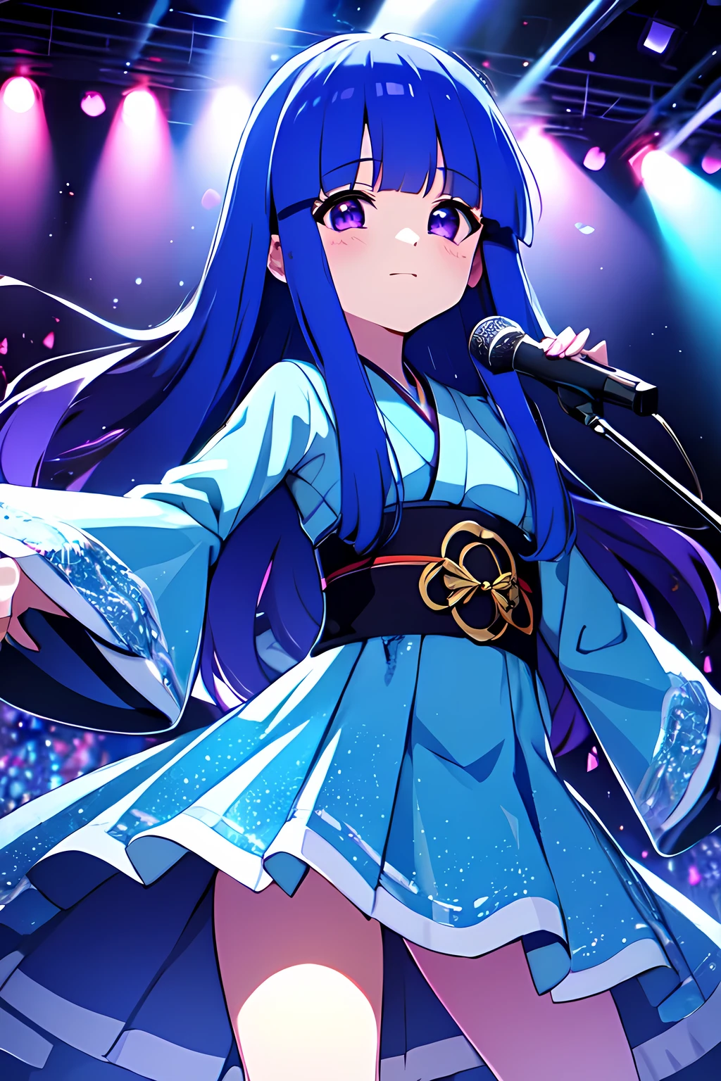 (Rika Furude), Blue Hair, Purple Eye, Long Hair, blunt bangs, bangs, Childhood, , woman, Alone, Japanese idol costumes, Idol Dress, concert、Concert Lighting